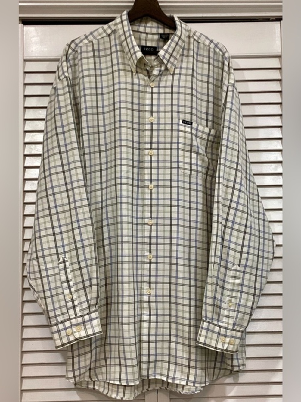 Izod 3XLT Men's Plaid Shirt Ivory Blue Green Gray Plaid Long Sleeve Cotton Blend